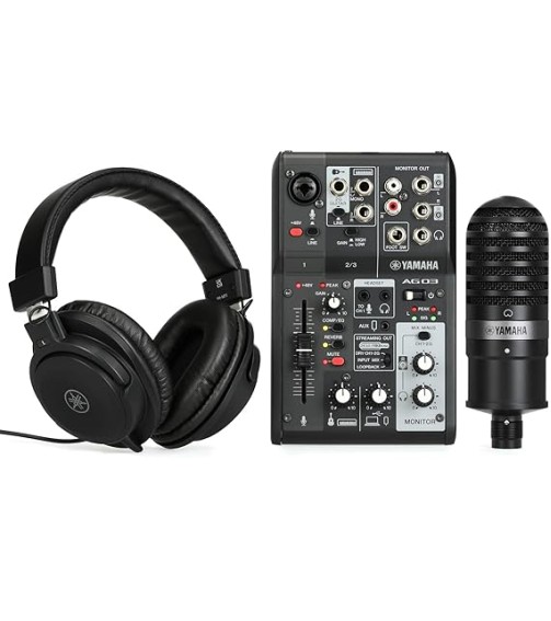 Yamaha AG03MK2 Black Live Streaming Kit with mixer/USB interface, condenser microphone, headphones and mic cable