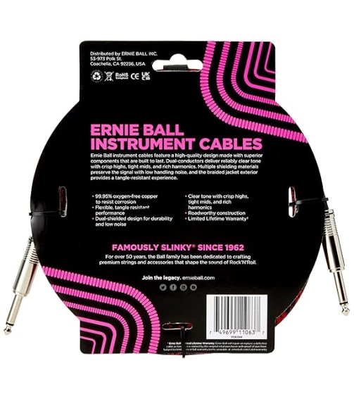 Ernie Ball 6394 10ft Braided Straight Straight Inst Cable Red Black