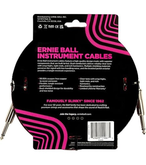 Ernie Ball Braided Instrument Cable, Straight Straight, 25ft, Red/Black, P06398