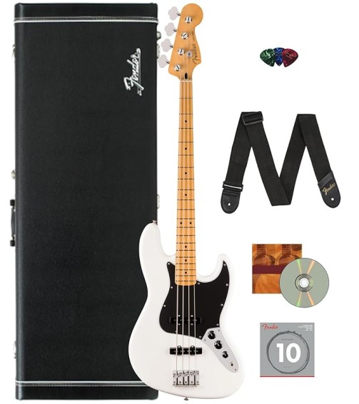 Fender Player II Jazz Bass - Polar White Bundle with Hard Case, Strap, Strings, Picks, and Austin Bazaar Instructional DVD